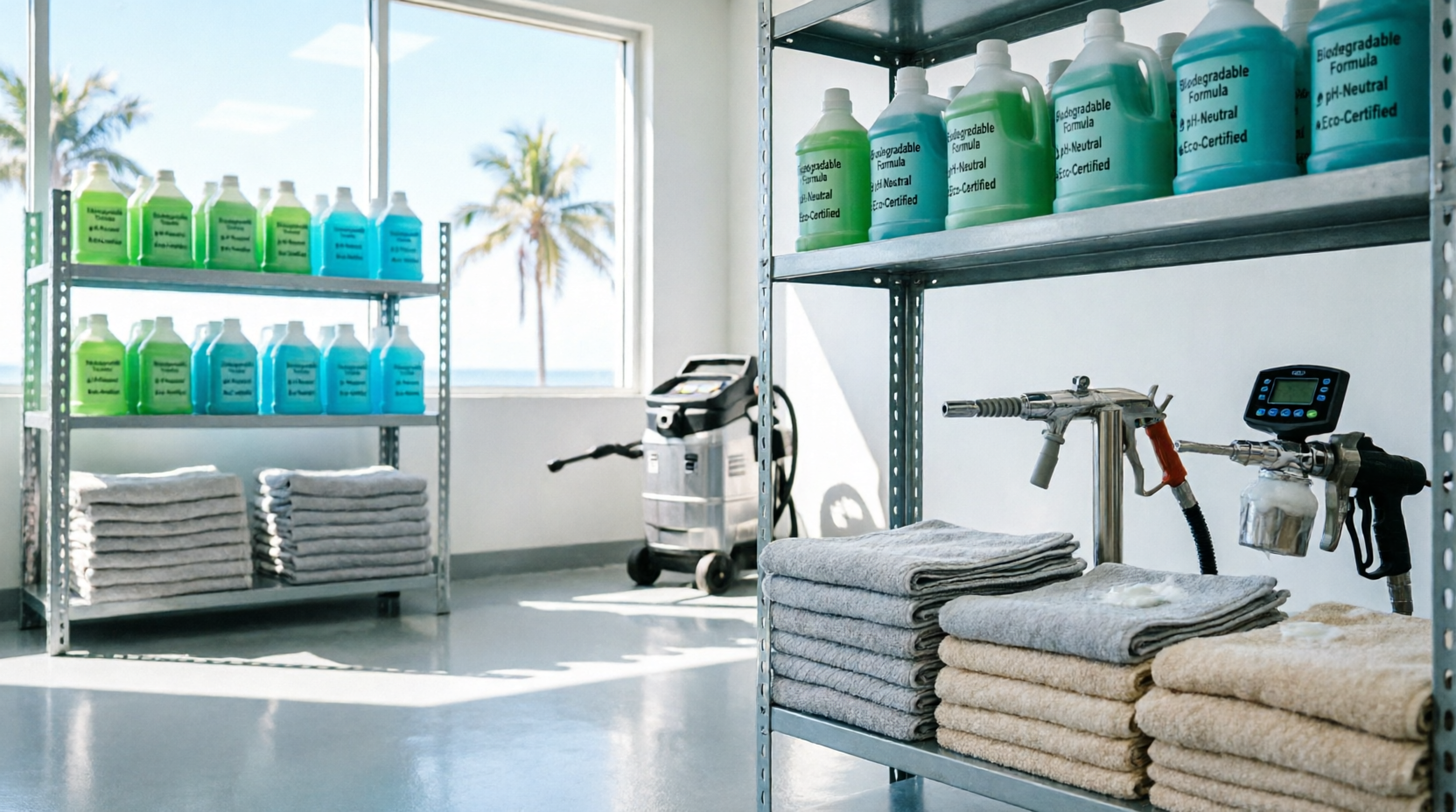 Clean, organized car wash workspace with eco-friendly products