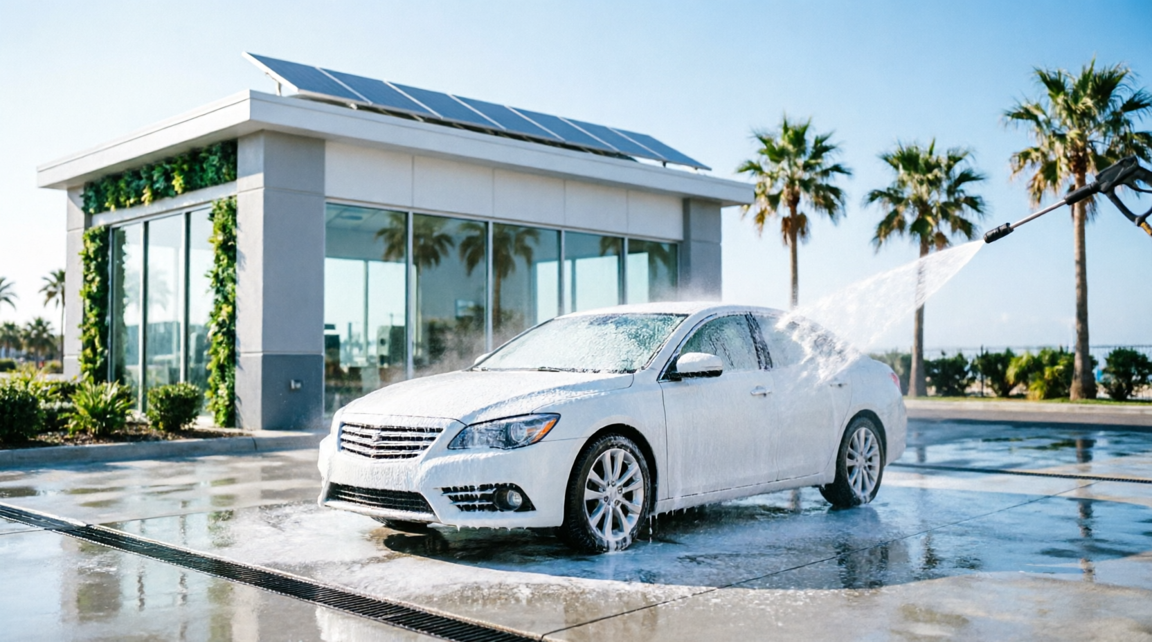 Modern eco-friendly car wash station in Panama City Beach under clear blue sky