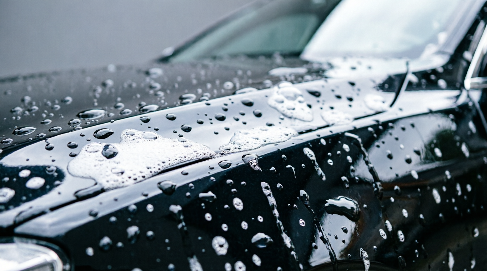 Close-up of premium car paint being cleaned with water droplets